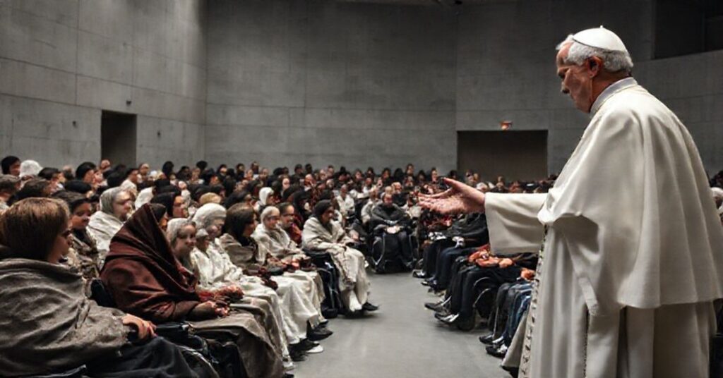 Scena w modernistycznej Auli Pawła VI z człowiekiem w strój papieski przedstawiający Leona XIV rozmawiającego z osobami niepełnosprawnymi