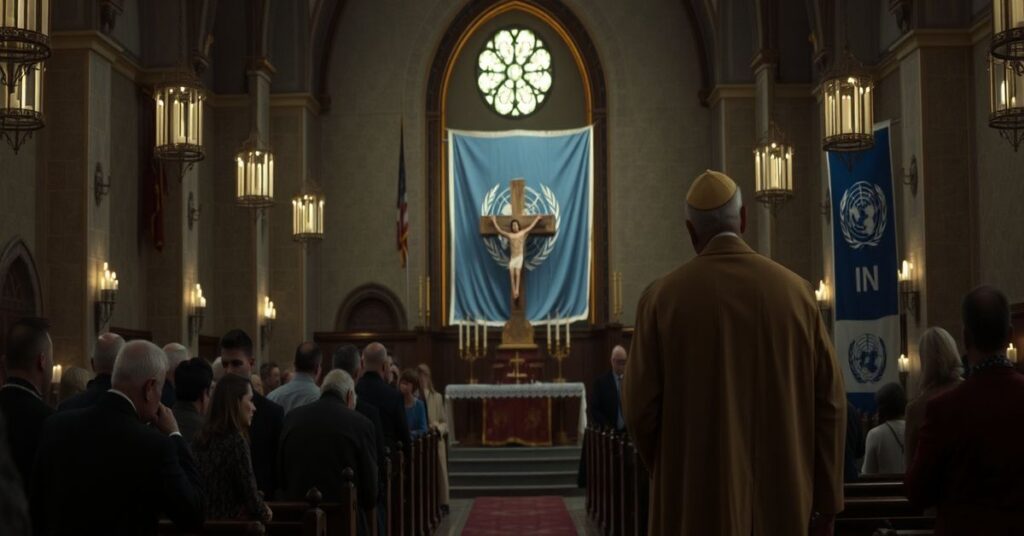 Tradycyjny wnętrze kościoła z ołtarzem i krzyżem Chrystusa, symbolizujący męczeństwo katolickie. W tle 'abp.' Ettore Balestrero i baner ONZ.