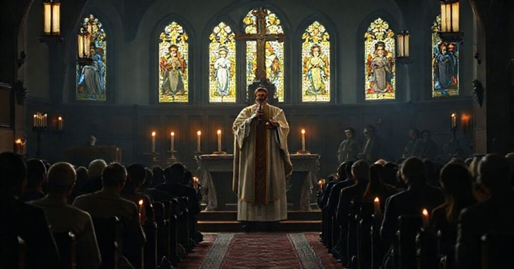 Wnętrze tradycyjnego kościoła katolickiego z księdzem w kaszule na ołtarzu, otoczonym modlącymi się wiernymi. Scena jest słabo oświetlona przez kościelne świece, z bladym światłem słońca przechodzącym przez witraże przedstawiające świętych.
