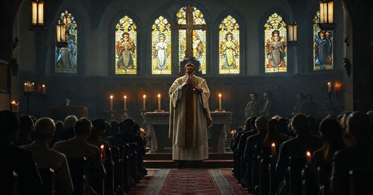 Wnętrze tradycyjnego kościoła katolickiego z księdzem w kaszule na ołtarzu, otoczonym modlącymi się wiernymi. Scena jest słabo oświetlona przez kościelne świece, z bladym światłem słońca przechodzącym przez witraże przedstawiające świętych.