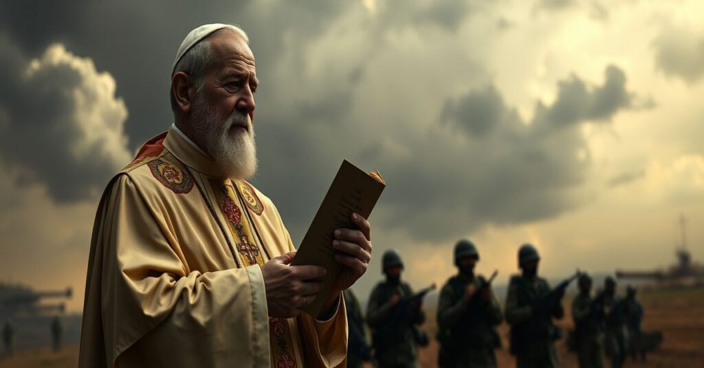 Zdjęcie przedstawiające Papieża Piusa XI w tradycyjnych szatach papieskich trzymającego encyklikę Quas Primas na tle burzliwego nieba. Scena symbolizuje duchowe zaniechanie i ostrzeżenie przed wojną jako konsekwencją odrzucenia Chrystusa Króla.