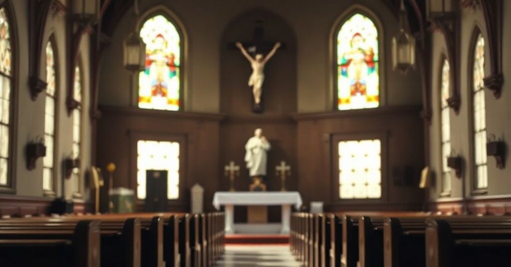 Wnętrze tradycyjnego kościoła katolickiego z ledwo widoczną statuą Jana Pawła II w tle, przyćmioną przez dominujący krzyż. Scena oświetlona jest delikatnym światłem słonecznym przechodzącym przez witraże, rzuciujące przygaszony blask na puste ławki. Głównym punktem jest ołtarz, ozdobiony tradycyjnymi katolickimi elementami. Na tyle widoczna statua symbolizuje odchylenie od prawdziwej doktryny katolickiej. Obraz przenosi uczucie duchowej pustki i apostazji.