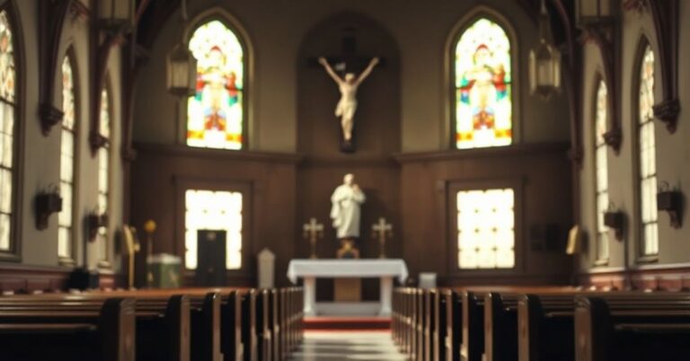 Wnętrze tradycyjnego kościoła katolickiego z ledwo widoczną statuą Jana Pawła II w tle, przyćmioną przez dominujący krzyż. Scena oświetlona jest delikatnym światłem słonecznym przechodzącym przez witraże, rzuciujące przygaszony blask na puste ławki. Głównym punktem jest ołtarz, ozdobiony tradycyjnymi katolickimi elementami. Na tyle widoczna statua symbolizuje odchylenie od prawdziwej doktryny katolickiej. Obraz przenosi uczucie duchowej pustki i apostazji.