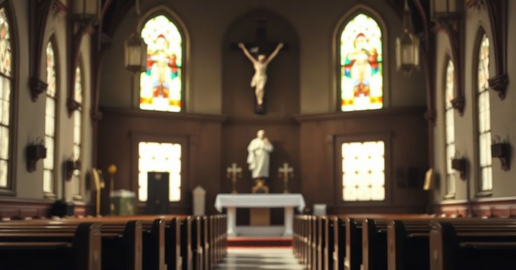 Wnętrze tradycyjnego kościoła katolickiego z ledwo widoczną statuą Jana Pawła II w tle, przyćmioną przez dominujący krzyż. Scena oświetlona jest delikatnym światłem słonecznym przechodzącym przez witraże, rzuciujące przygaszony blask na puste ławki. Głównym punktem jest ołtarz, ozdobiony tradycyjnymi katolickimi elementami. Na tyle widoczna statua symbolizuje odchylenie od prawdziwej doktryny katolickiej. Obraz przenosi uczucie duchowej pustki i apostazji.