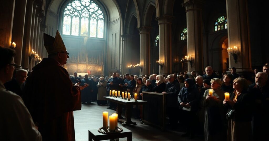 Smutny widok wnętrza kaliskiej „katedry” podczas tzw. Wieczoru Wielkanocnego z Damiantem Brylem w szatach biskupich; moderna liturgia bez prawdziwego obecności Chrystusa; procesja ulicami bez autentycznej wiary