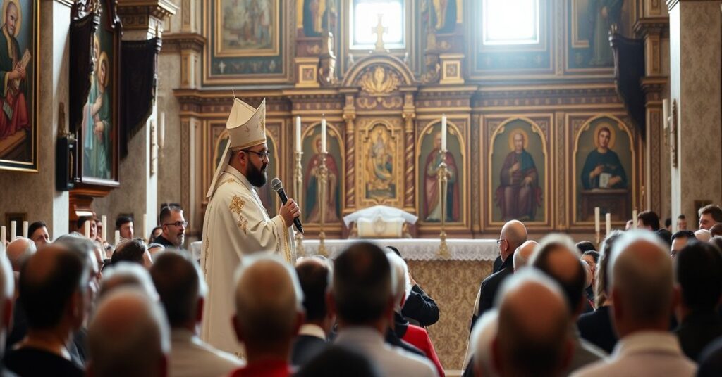 Wnętrze cerkwi greckokatolickiej w Kijowie podczas liturgii, na której "arcybiskup" Szewczuk zbiera pomoc humanitarną dla Polski. Scena jest pozbawiona nadprzyrodzonej atmosfery i skupia się na materialnej pomocy.