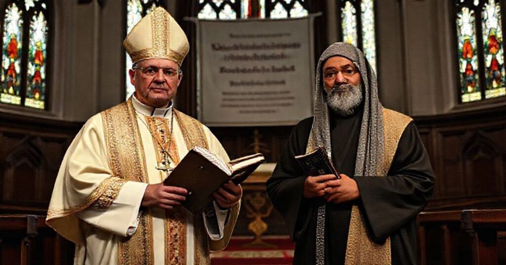 Wnętrze kościoła z biskupem i muzułmańskim imamem podczas kontrowersyjnych obchodów Dnia Islamu w Poznaniu.