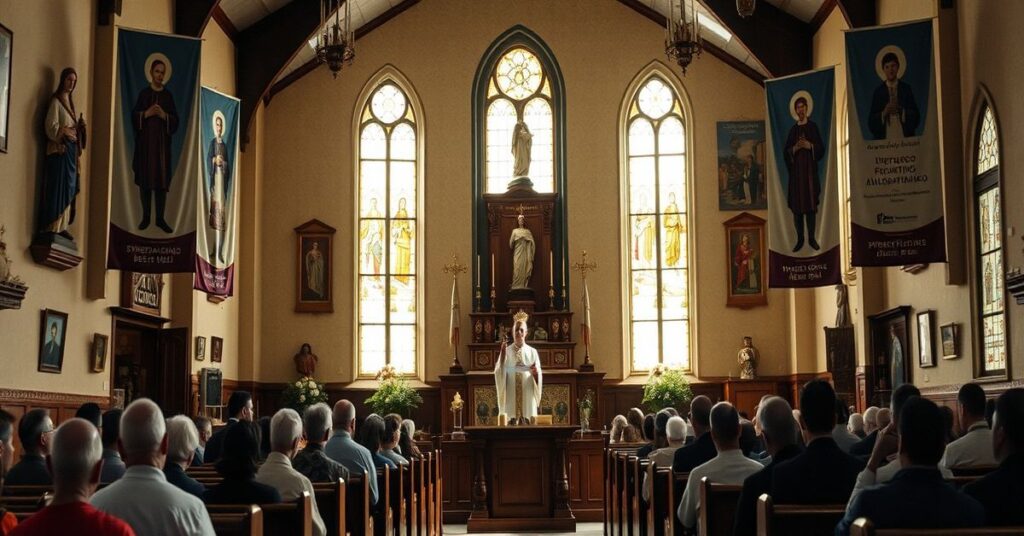 Wnętrze tradycyjnego kościoła filipińskiego z "arcybiskupem" Gilbertem Garcera na ambonie w otoczeniu modernistycznych bannierów synodalnych. Oświetlenie naturalne przez witraże. Kontrast między tradycyjnymi parafianami a nowoczesnym duchowieństwem.