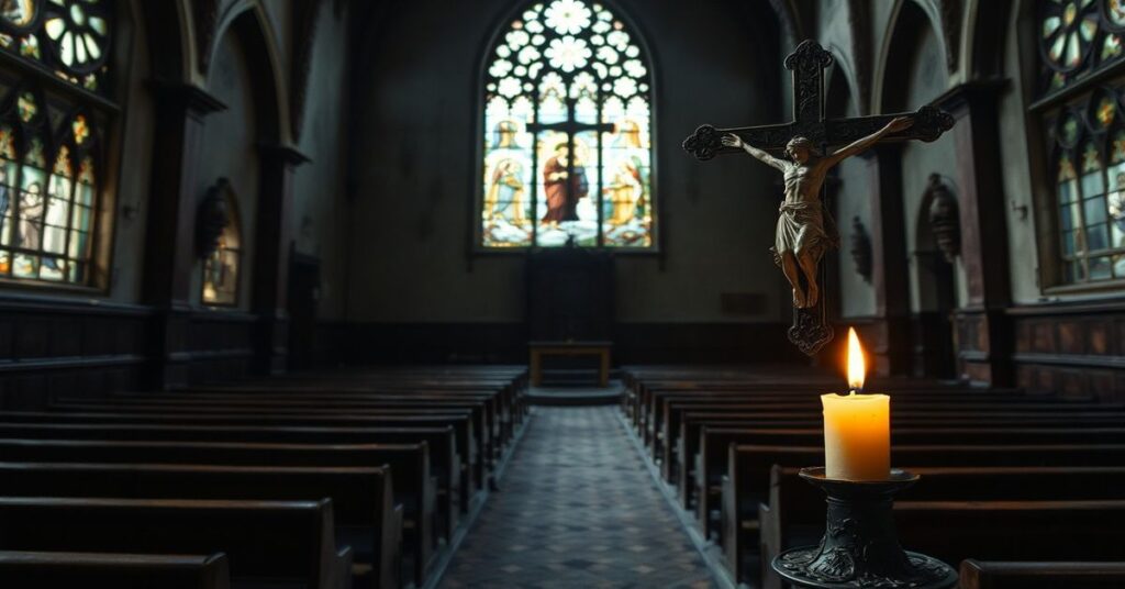 Zaniedbany wnętrze kościoła symbolizujące apostazję Kościoła nowego adwentu pod rządami Leona XIV