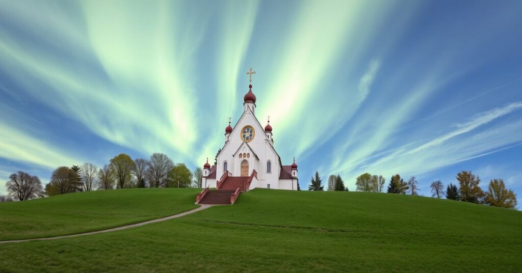 Kapłan odprawia tradycyjną Mszę Świętą przed zniszczonym Watykanem, symbolizując apostazję Kościoła posoborowego.