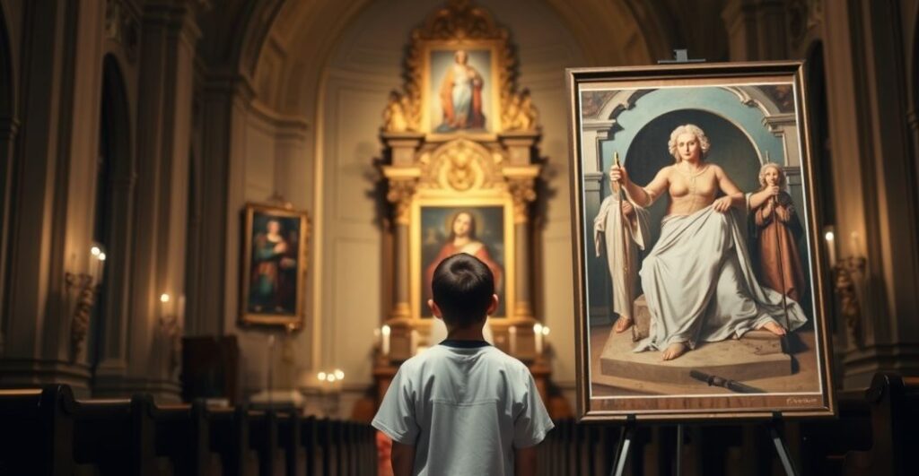 Wnętrze katolickiego kościoła z kapłanem trzymającym monstrancję, młoda osoba rozdzarta między religijnym malarstwem a współczesną sztuką świecką.