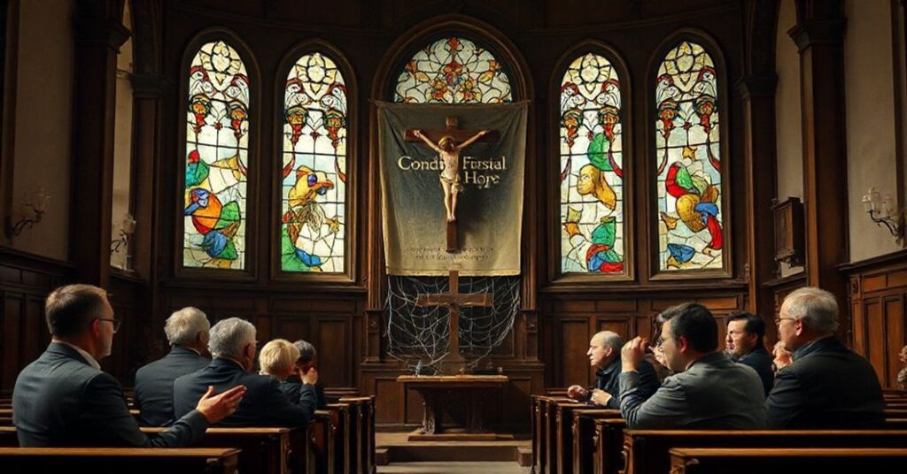 Wnętrze zrujnowanego kościoła z grupą intelektualistów dyskutujących o literaturze na tle plakatu Festiwalu Conrada.