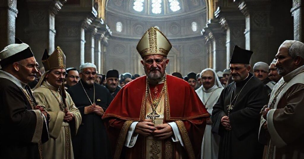 Obrązek ukazujący fałszywego papieża Leona XIV podczas pseudopielgrzymki do Bliskiego Wschodu w towarzystwie liderów ekumenicznych w meczecie.