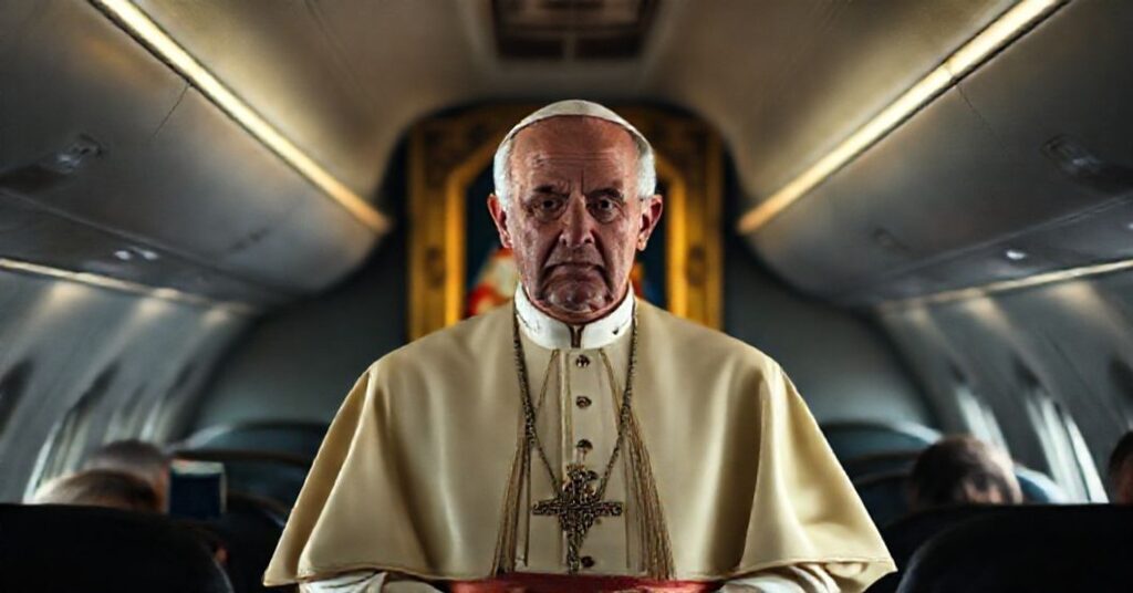 „Papież” Leon XIV przemawia do dziennikarzy podczas lotu do Turcji w 2025 roku. Scena pełna apostazji i synkretyzmu religijnego.