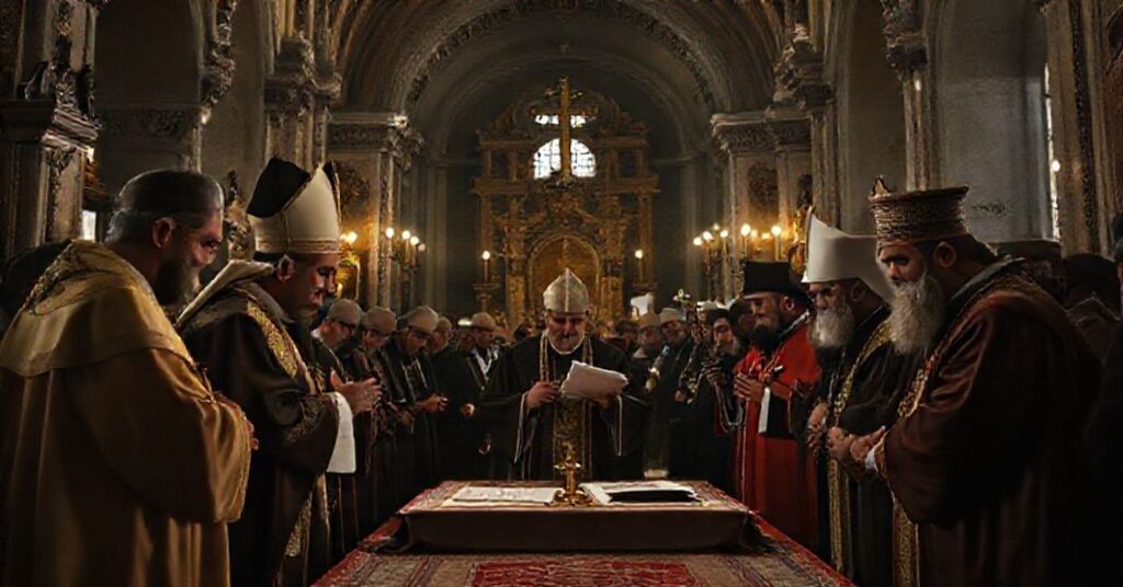 Scena przedstawiająca apostazję fałszywego "papieża" Leona XIV podczas ekumenicznego spotkania w syryjsko-prawosławnej świątyni św. Efrema w Stambule