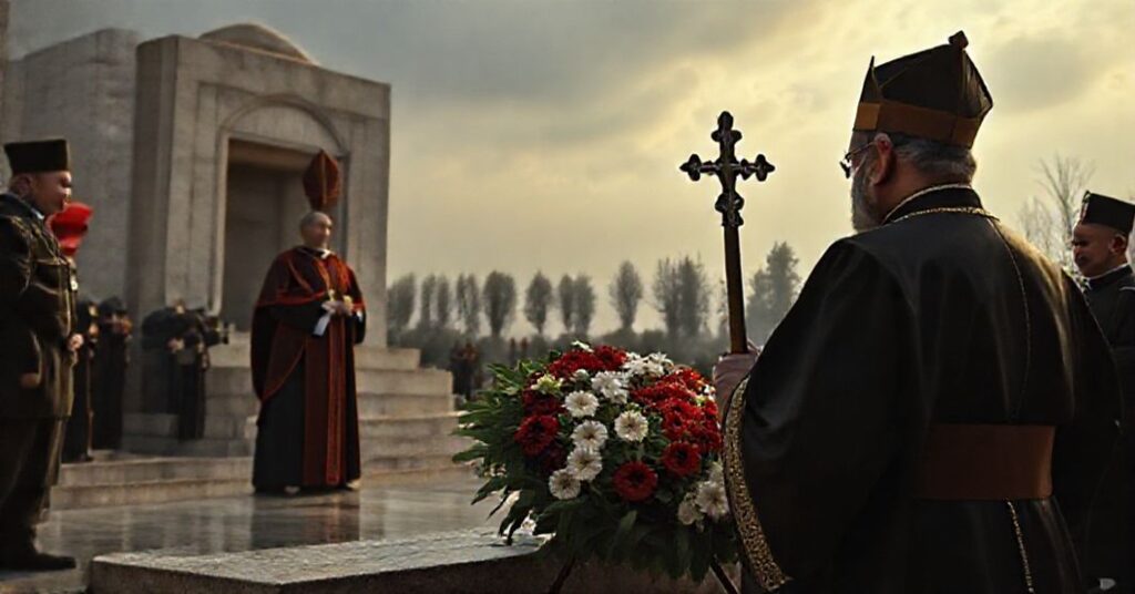 Obraz przedstawiający fałszywą pielgrzymkę Leona XIV do Turcji i Libanu, z hołdem składanym atatürkowi w Mauzoleum Atatürka.