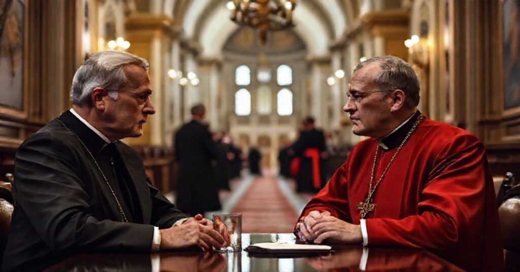 Zdjęcie przedstawiające apostazję uzurpatora Roberta Prevosta (znanego jako "Leon XIV") podczas rozmowy z Wołodymyrem Zełenskim, ignorując ewangelizację na rzecz politycznego pragmatyzmu. W tle wizyta w meczecie, gdzie Prevost angażuje się w dwuznaczne 'modlitwy'. Scena osadzona w tradycyjnym wnętrzu kościoła katolickiego podkreśla kontrast między prawdziwą wiarą a modernistycznym zdradziectwem.