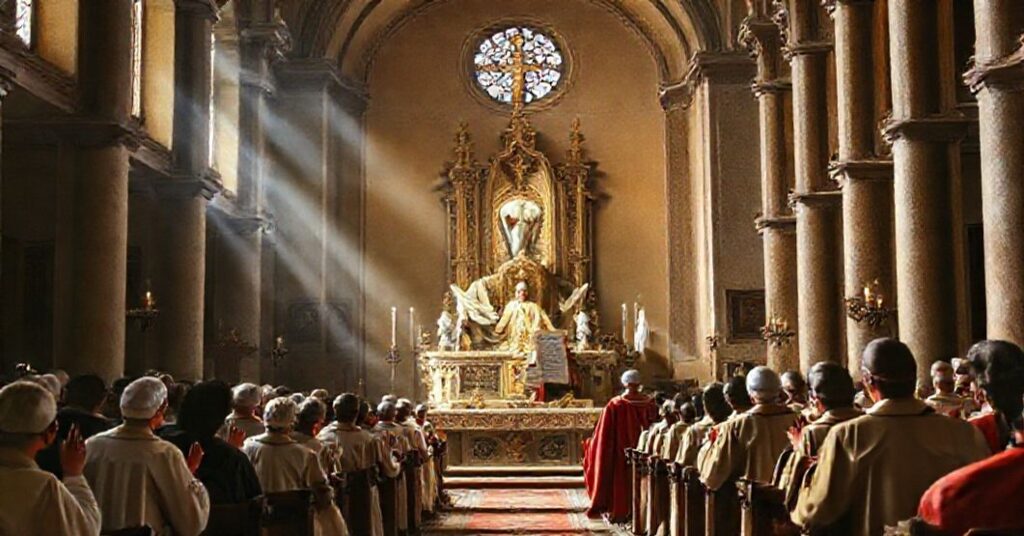 Wnętrze katolickiego kościoła z tradycyjnym ołtarzem, ukazujące scenę wiernych modlących się w reakcji na herezje promowane przez 'Leona XIV' i odrzucenie tytułów maryjnych