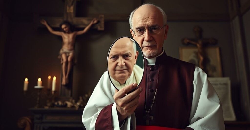 Stary ksiądz w tradycyjnych ornatach stoi w ciemnym kościele, trzymając lusterko, w którym widnieje zniekształcona twarz nowo-kościelnego 'papieża'