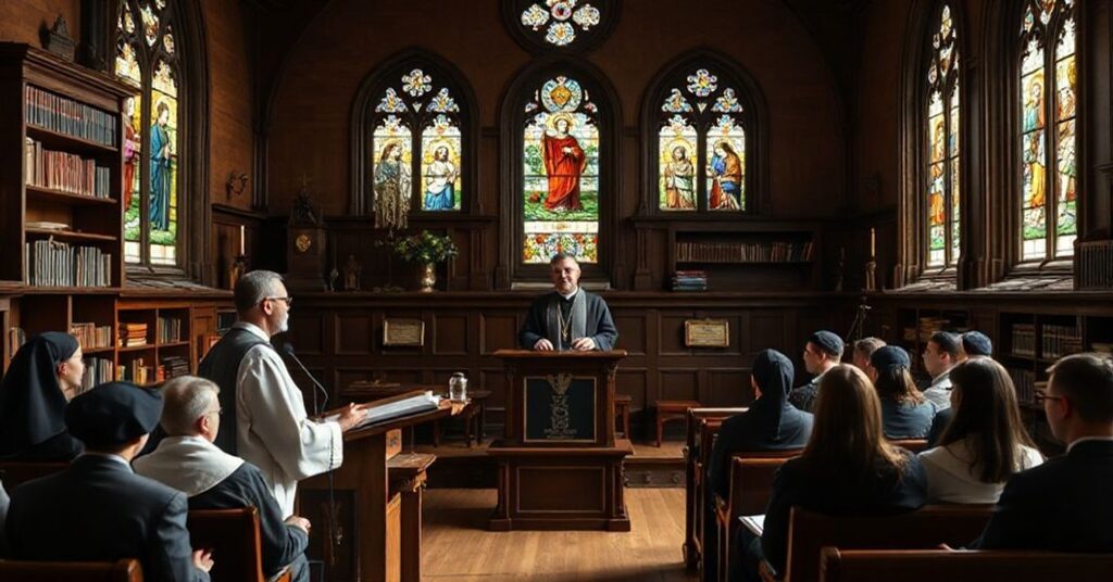 Pokój wykładowy na Katolickim Uniwersytecie Lubelskim z tradycyjnym wystrojem i świętym przestrzennym układem