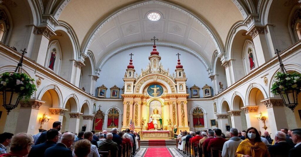 Zdjęcie przedstawiające fałszywą liturgię w lwowskim sanktuarium, z „metropolitą” Mokrzyckim i „franciszkanami”, w atmosferze naturalistycznej apostazji.