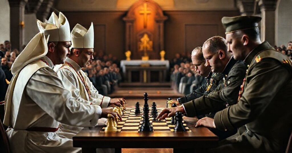 Scena szachowej rozgrywki w seminarjum katolickim z udziałem fałszywych duchownych w nowoczesnych ornatach grających przeciwko wojskowym. W tle widoczny jest ołtarz z szachownicą zamiast tabernakulum.
