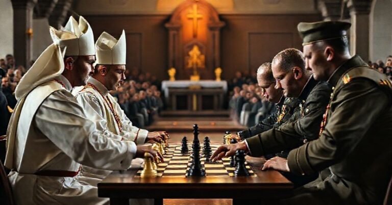 Scena szachowej rozgrywki w seminarjum katolickim z udziałem fałszywych duchownych w nowoczesnych ornatach grających przeciwko wojskowym. W tle widoczny jest ołtarz z szachownicą zamiast tabernakulum.