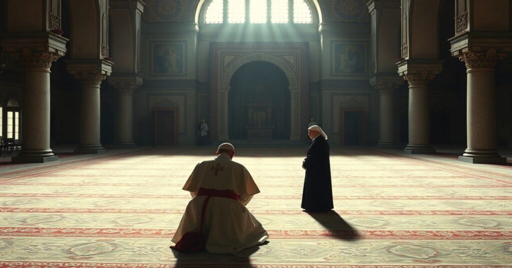 Zdjęcie przedstawiające 'Papieża' Leona XIV modlącego się w meczecie w Algierze z imamem, symbolizującą apostazję i bałwochwalstwo nowoczesnej sekty.