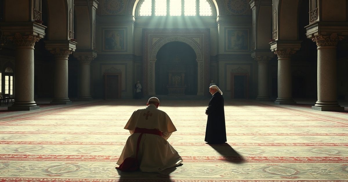 Zdjęcie przedstawiające 'Papieża' Leona XIV modlącego się w meczecie w Algierze z imamem, symbolizującą apostazję i bałwochwalstwo nowoczesnej sekty.
