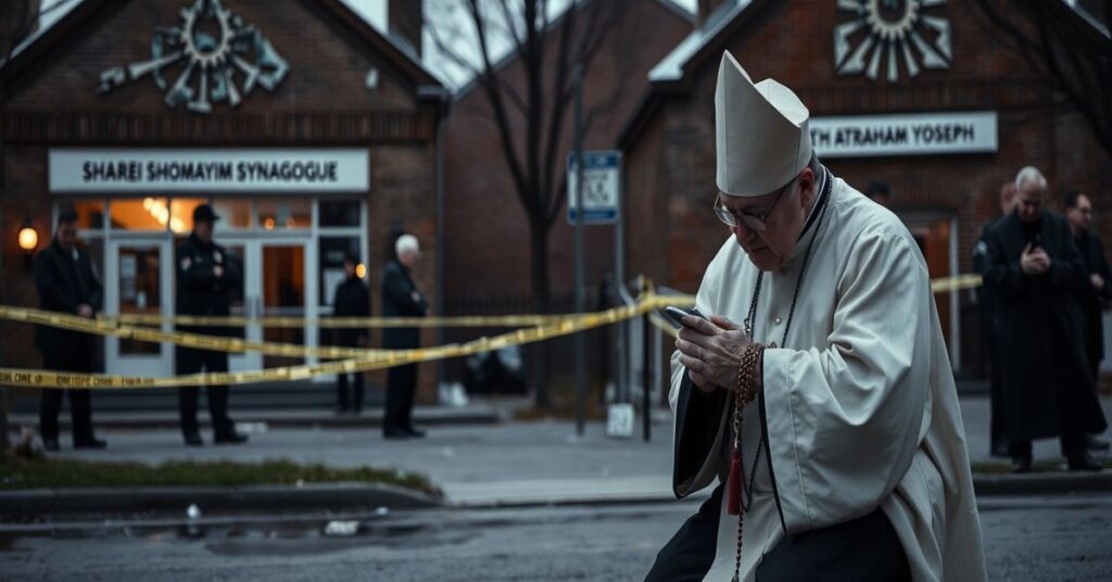 Prawdziwy katolicki ksiądz modli się przed ostrzelenionymi synagogami w Toronto, symbolizując apostazję Kościoła posoborowego.