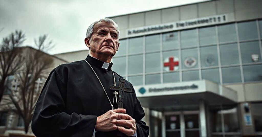 Tradycyjny ksiądz w sutannie stoi przed szpitalem KUL z niepokojem patrzący na symbolikę medyczną zastępującą chrześcijańskie wartości