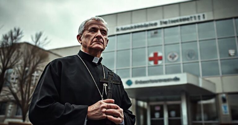 Tradycyjny ksiądz w sutannie stoi przed szpitalem KUL z niepokojem patrzący na symbolikę medyczną zastępującą chrześcijańskie wartości