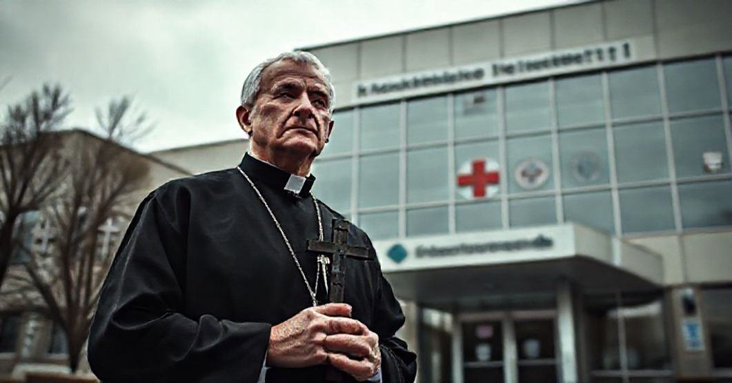 Tradycyjny ksiądz w sutannie stoi przed szpitalem KUL z niepokojem patrzący na symbolikę medyczną zastępującą chrześcijańskie wartości