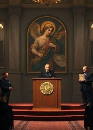 Apostazja w modernistycznym ubraniu - XXX Targi Wydawców Katolickich Uroczystość przyznania nagród "Mały Feniks" podczas XXX Targów Wydawców Katolickich w Warszawie. Scena przedstawia modernistycznych laureatów przyjmujących nagrody na tle symboli apostazji.