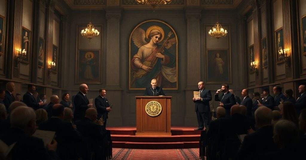 Uroczystość przyznania nagród "Mały Feniks" podczas XXX Targów Wydawców Katolickich w Warszawie. Scena przedstawia modernistycznych laureatów przyjmujących nagrody na tle symboli apostazji.