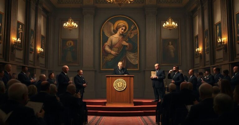 Uroczystość przyznania nagród "Mały Feniks" podczas XXX Targów Wydawców Katolickich w Warszawie. Scena przedstawia modernistycznych laureatów przyjmujących nagrody na tle symboli apostazji.