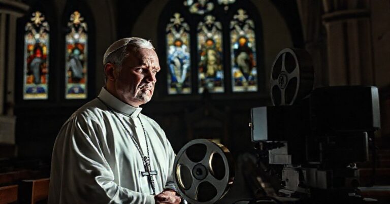 Tradcyjny ksiądz w kościele patrzy z nieapprobatą na kinematografię jako laboratorium nadziei