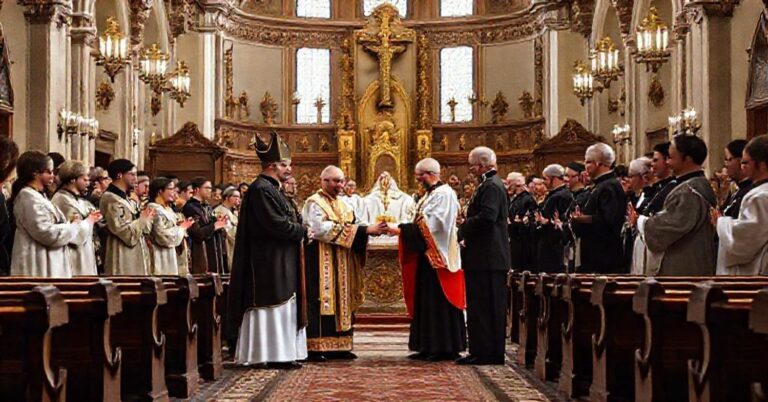 Wnętrze kościoła z tradycyjnym ołtarzem, gdzie arcybiskup Górzyński i marszałek Kuchciński stają wspólnie, symbolizując apostazję modernistycznego duchowieństwa. Scena wypełniona jest naturalistycznymi dekoracjami, ale brak elementów nadprzyrodzonych.