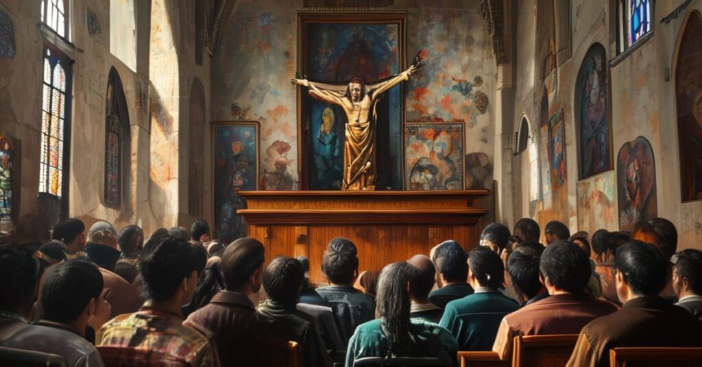 Wnętrze tradycyjnego kościoła z kazalnicą, gdzie usurpator 'Kard. Pierbattista Pizzaballa OFM' wygłasza kazanie. Na tle rozmyty fresk Ukrzyżowania częściowo zakryty współczesną sztuką abstrakcyjną.