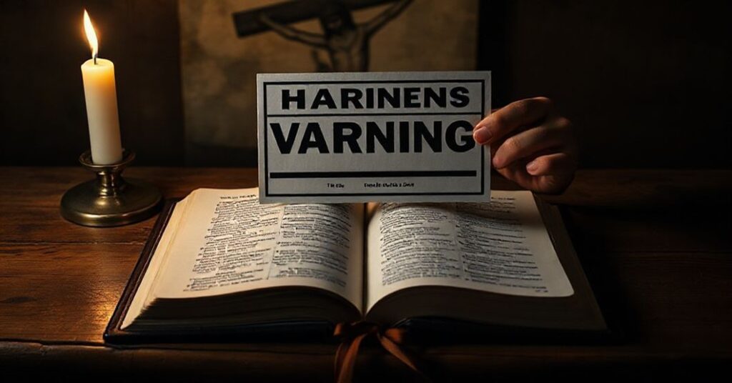 Stary stół z Biblią i obrazem Ukrzyżowania w tle. Ręce studenta trzymają ostrzeżenie o „trigger warning” zakrywające tekst Pisma Świętego.