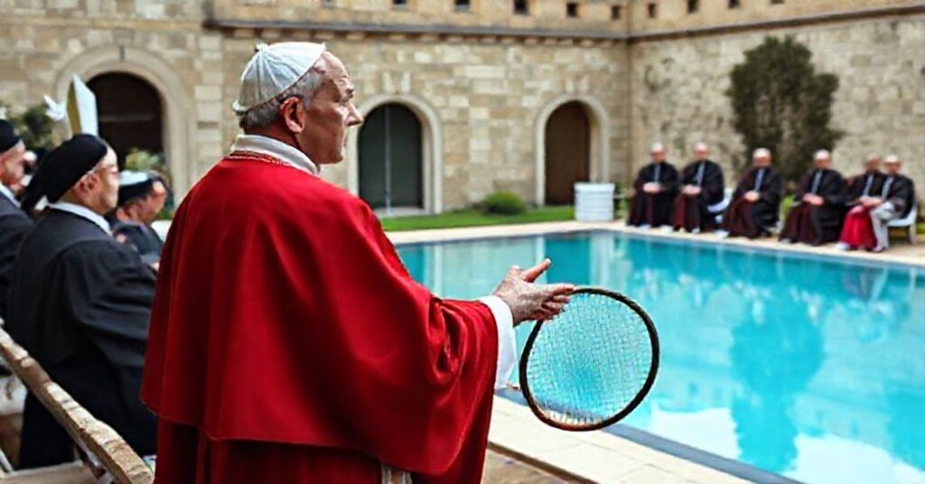 Obraz przedstawiający "papieża" Leona XIV podczas przemówienia w Castel Gandolfo, otoczonego przez modernistycznych duchownych. Scena jest pełna światowego komfortu i duchowego porzucenia.