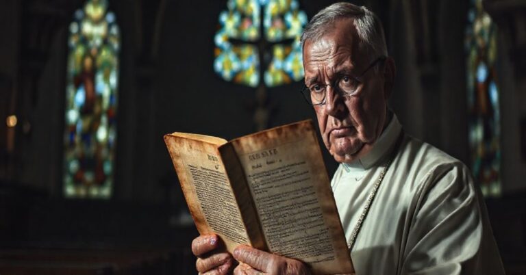 Smutny Ksiądz Trzymający Dokument Nostra Aetate W Starym Kościele
