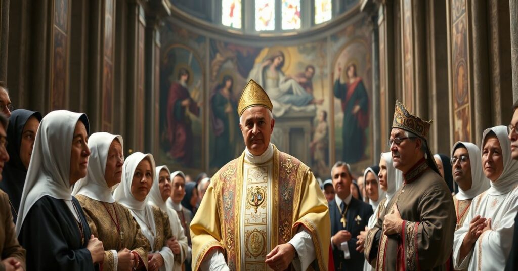 Uroczysty wnętrze bazyliki św. Piotra w Rzymie podczas mszy z celebrem "papieża" Leona XIV i konsekrowanymi osobami w nowoczesnych szatach liturgicznych. Scena podkreśla apostazję modernizmu w Kościele.