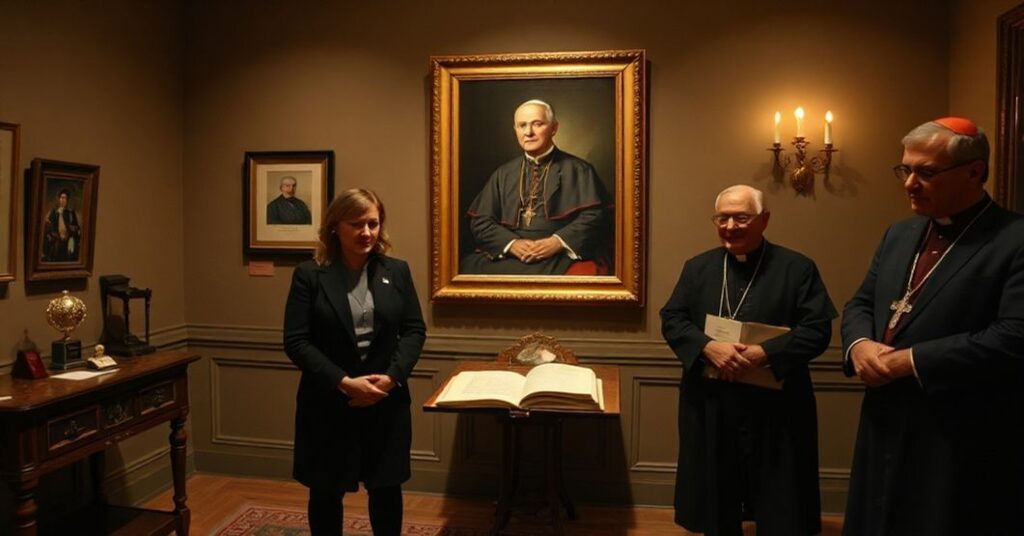 Solemne wnętrze Papieskiego Kolegium Polskiego w Rzymie podczas inauguracji Muzeum św. Jana Pawła II z Giorgią Meloni i pseudo-kardynałami Dziwiszem i Fisichellą.