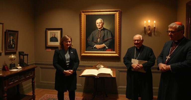 Solemne wnętrze Papieskiego Kolegium Polskiego w Rzymie podczas inauguracji Muzeum św. Jana Pawła II z Giorgią Meloni i pseudo-kardynałami Dziwiszem i Fisichellą.