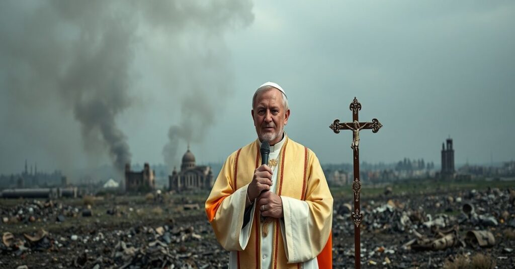 Ksiądz w tradycyjnych szatach liturgicznych stoi przed zniszczonym krajobrazem Ukrainy, trzymając krzyż jako symbol duchowej walki z nowoczesną apostazją narodów.
