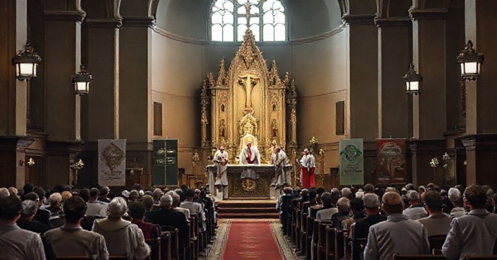 Solemny wnętrze kościoła z tradycyjnym ołtarzem podczas ekumenicznej konferencji z udziałem biskupa Grzegorza Rysa i przywódców protestanckich.