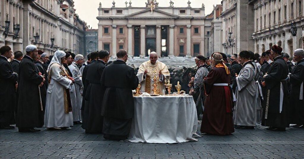 Grupa osób w świeckich strojach gromadzących się wokół stołu na Placu św. Piotra podczas modernistycznej ceremonii pod przewodnictwem antypapieża.