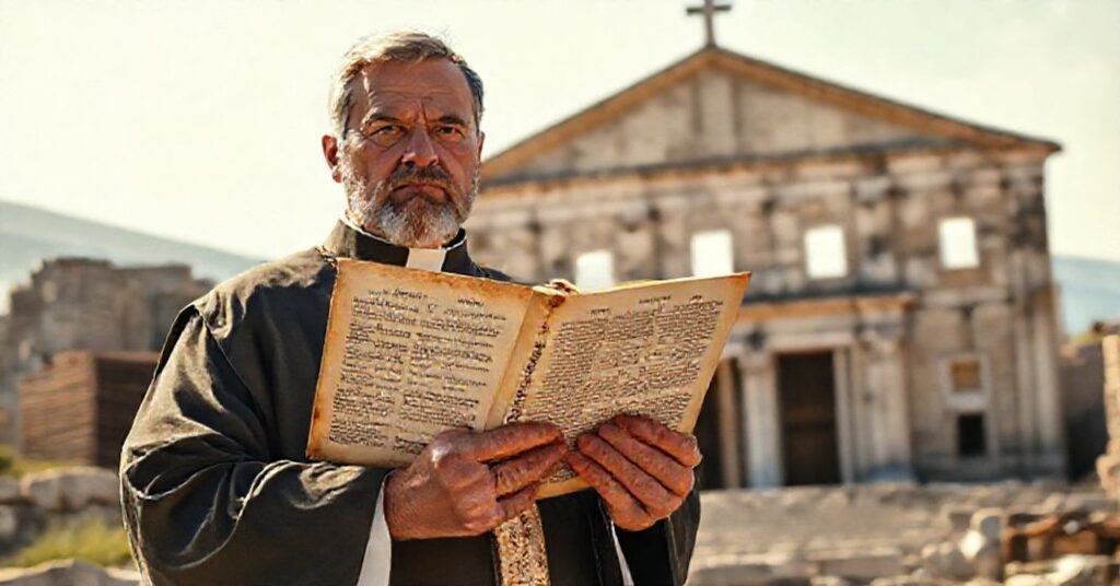 Tron tradycyjnego katolika przed ruinami Nicei, trzymający Nicejski Wyznanie Wiary.