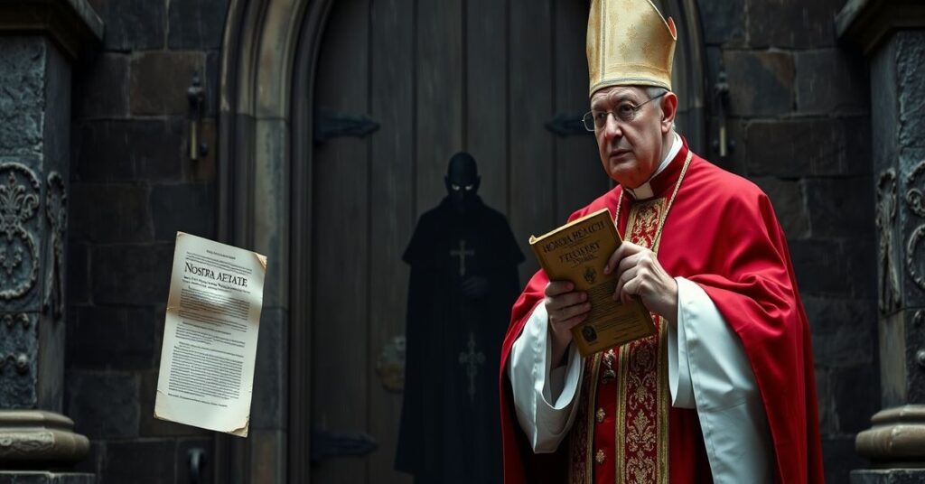 Biskup w tradycyjnych szatach biskupich stoi przed zamkniętymi kamiennymi bramami symbolizującymi apostazję neokościoła.